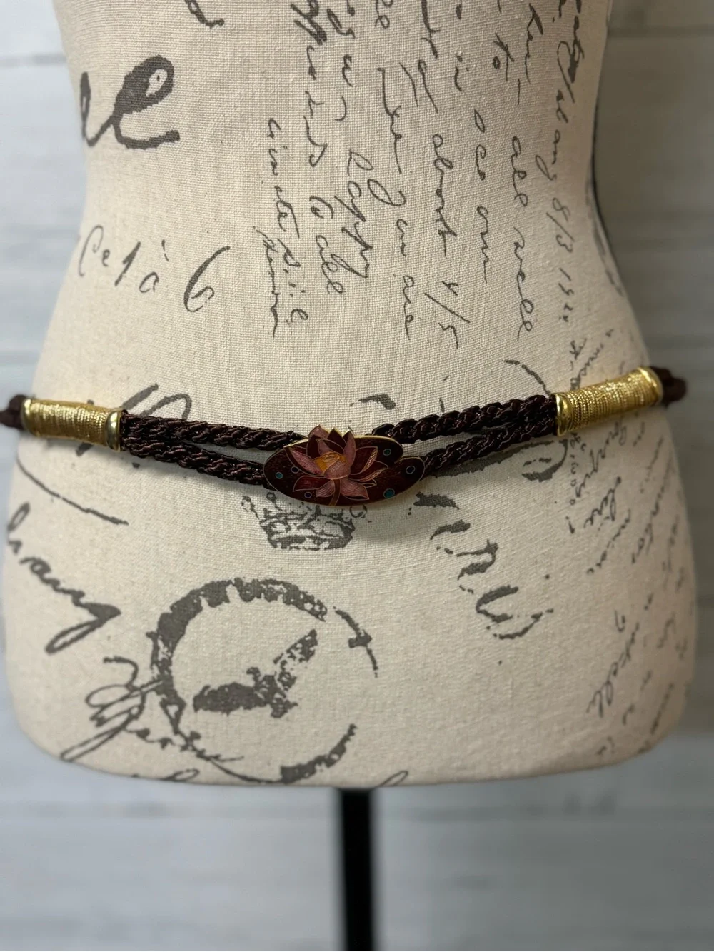 Vintage Boho-Style Braided Rope Waist Belt with Enameled floral Buckle